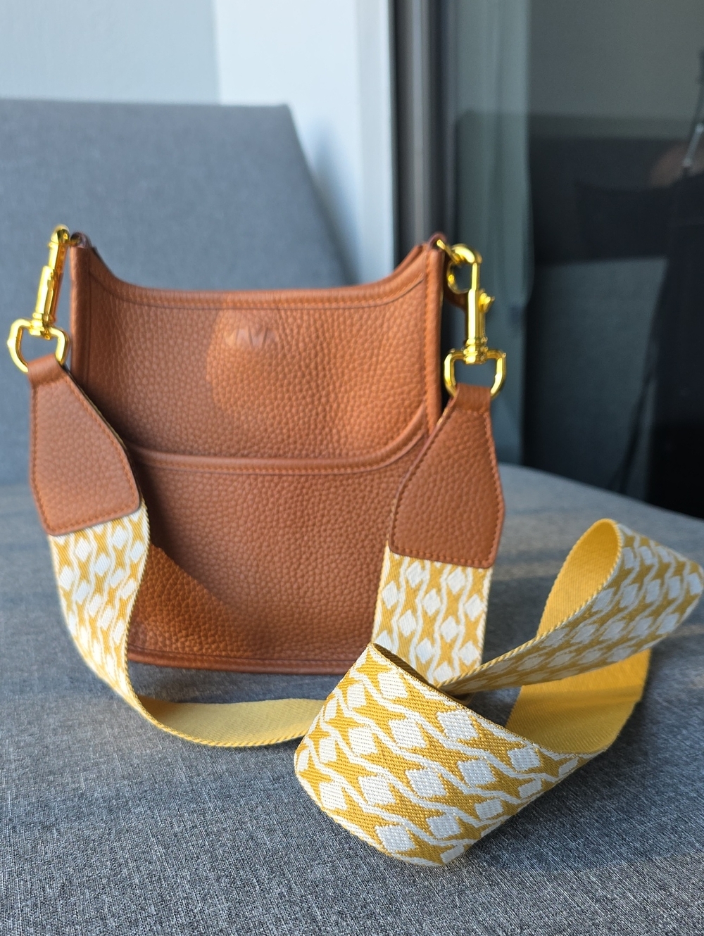 M.A.M.A. Leather Crossbody Bag with Yellow Patterned Strap